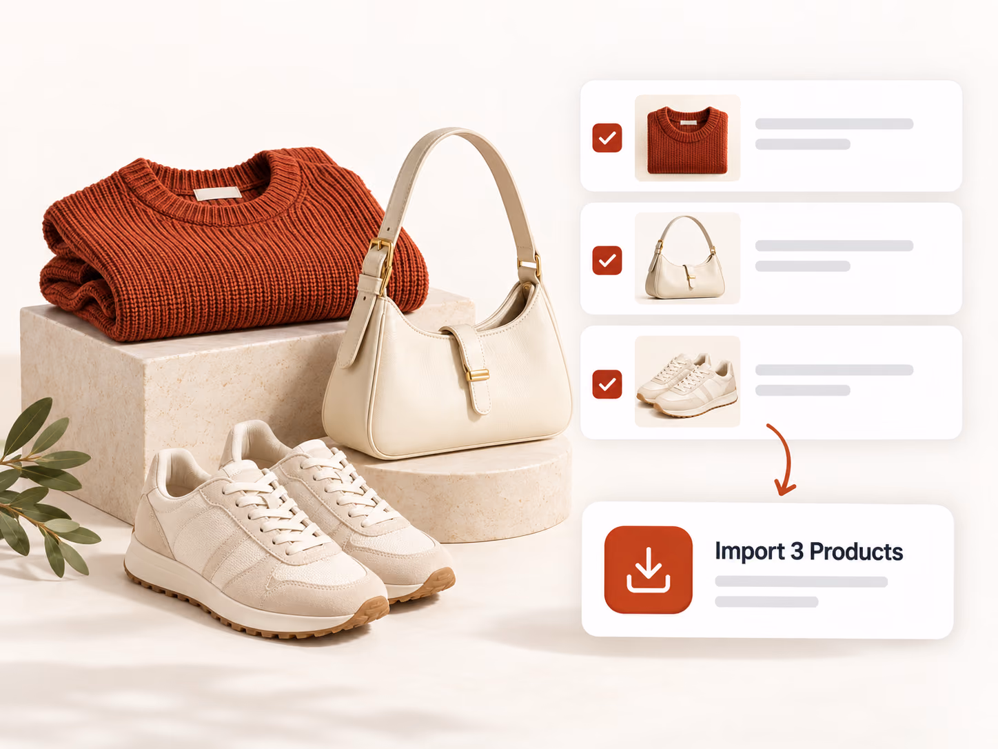 Selected ecommerce products moving together into an import list
